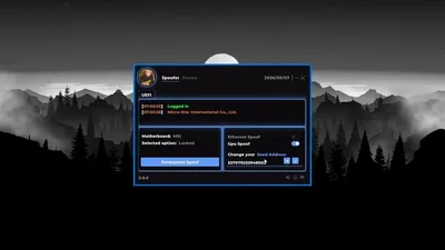 HWID UEFI spoof panel with GPU and ethernet toggles and a seed field on a dark dashboard.